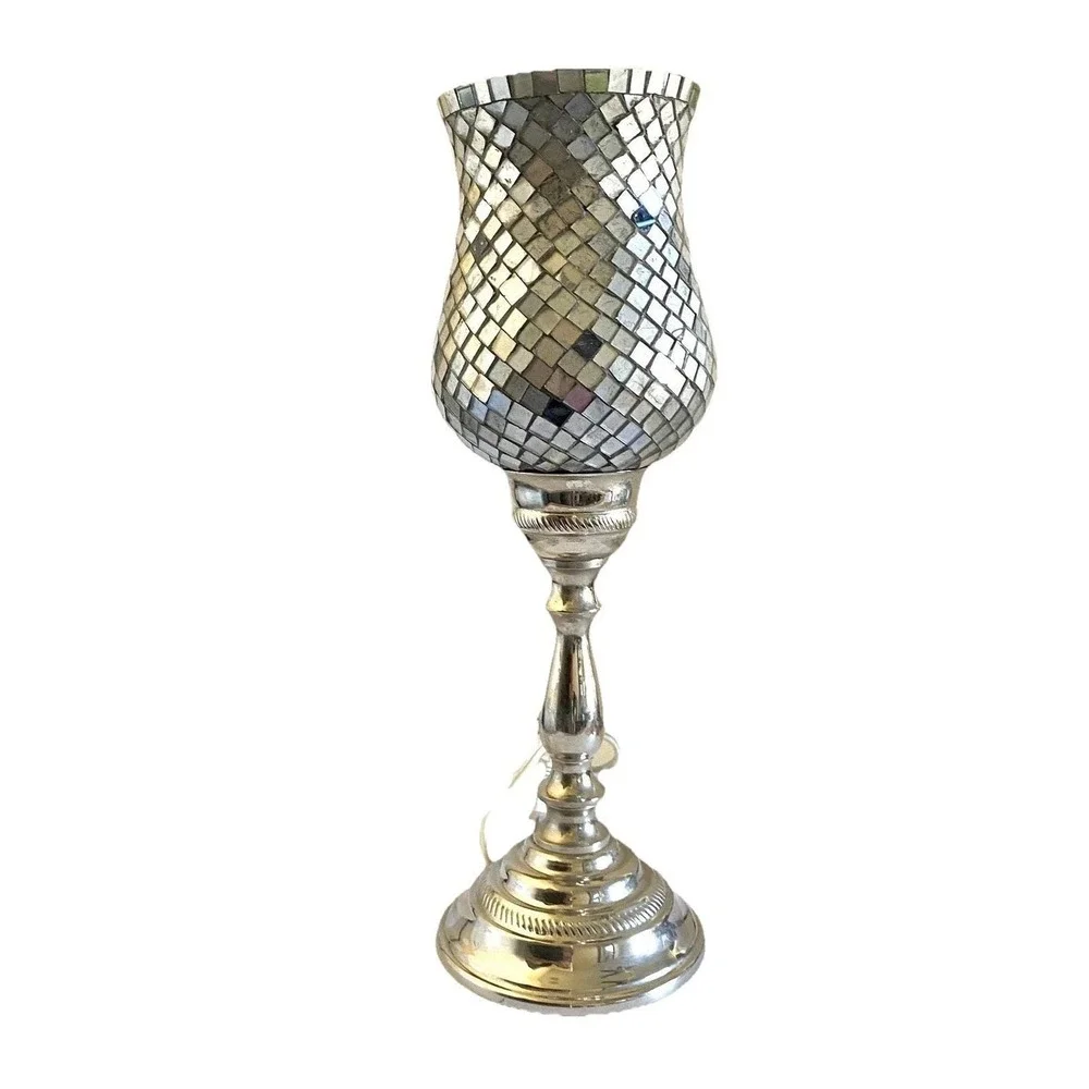 90s International Silver Co Silver BLUE Hurricane Lamp Electric Mosaic Boho